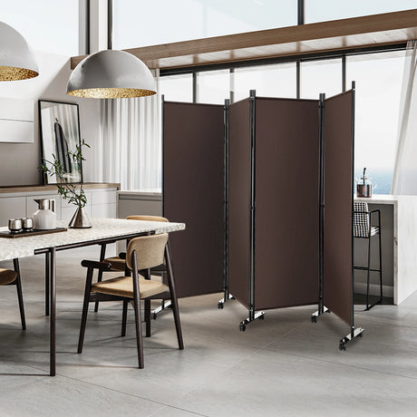 4-Panel Folding Room Divider 6 Feet Rolling Privacy Screen with Lockable Wheels-Brown