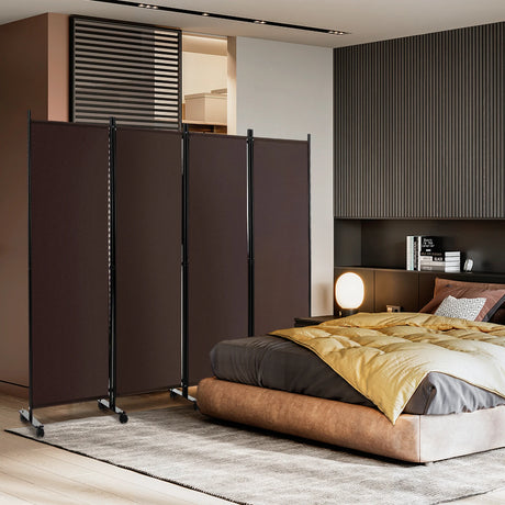 4-Panel Folding Room Divider 6 Feet Rolling Privacy Screen with Lockable Wheels-Brown