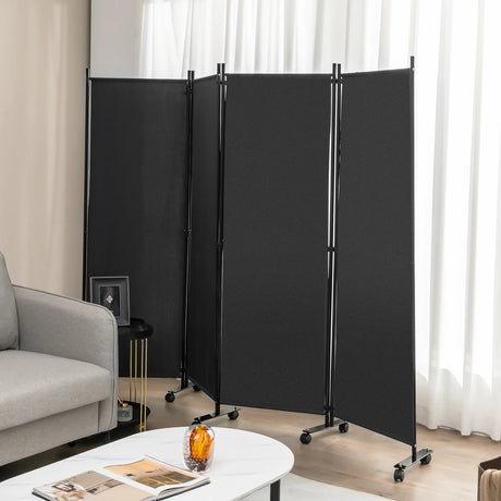 4-Panel Folding Room Divider 6 Feet Rolling Privacy Screen with Lockable Wheels-Gray
