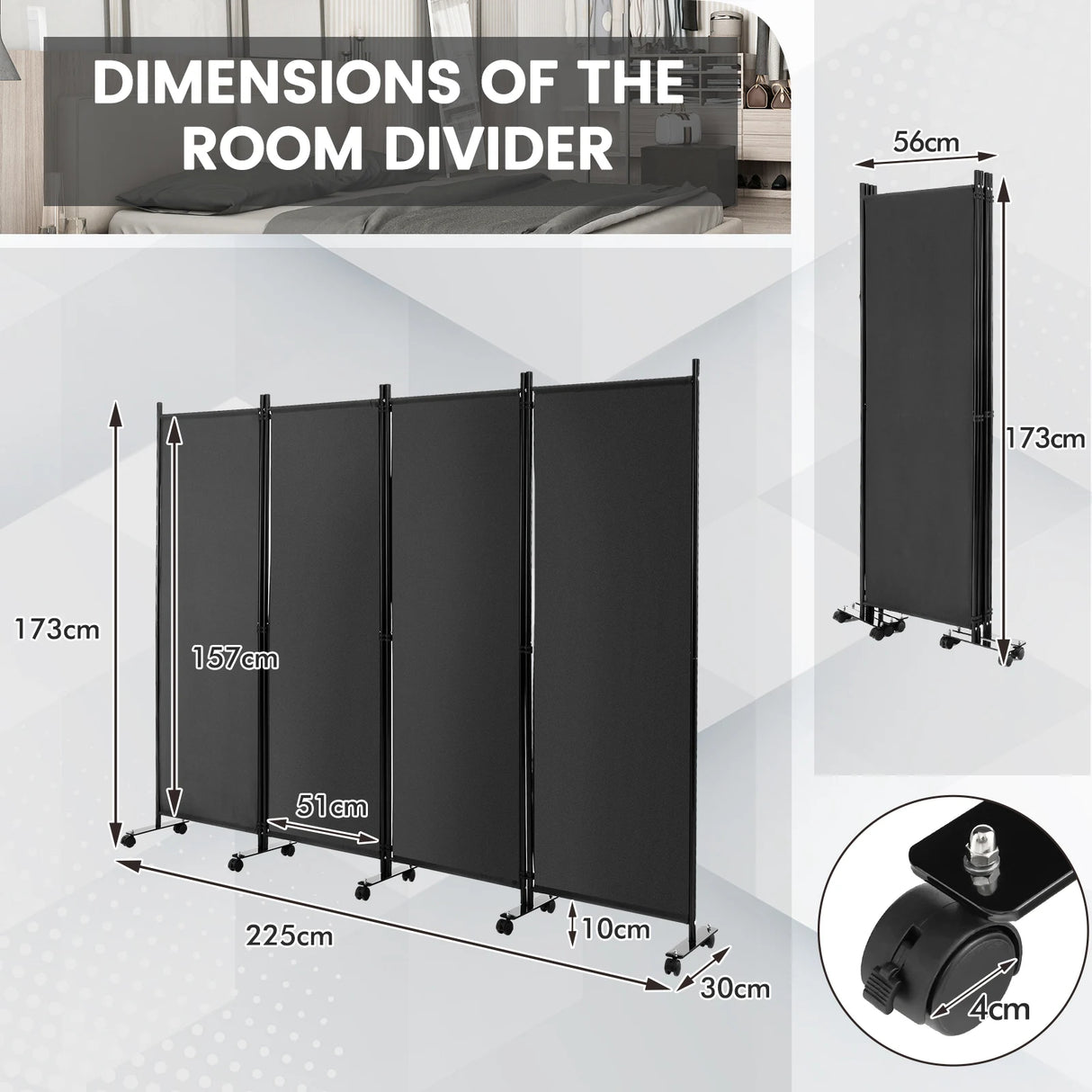 4-Panel Folding Room Divider 6 Feet Rolling Privacy Screen with Lockable Wheels-Gray