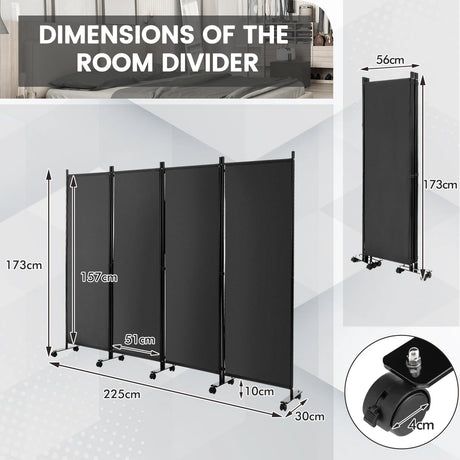 4-Panel Folding Room Divider 6 Feet Rolling Privacy Screen with Lockable Wheels-Gray