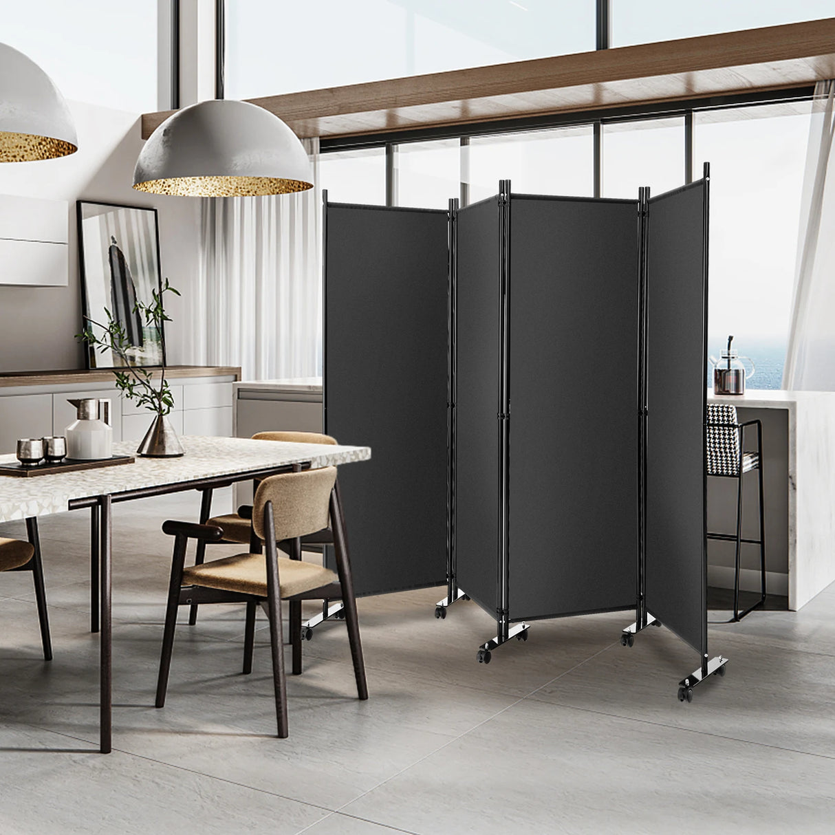 4-Panel Folding Room Divider 6 Feet Rolling Privacy Screen with Lockable Wheels-Gray