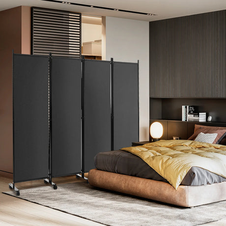 4-Panel Folding Room Divider 6 Feet Rolling Privacy Screen with Lockable Wheels-Gray