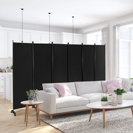 6 Panel 6Ft Tall Rolling Room Divider on Wheels-Black