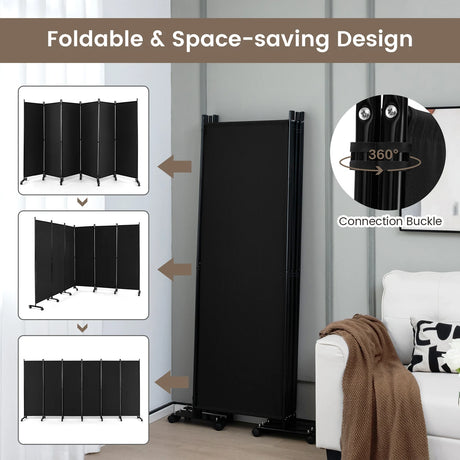 6 Panel 6Ft Tall Rolling Room Divider on Wheels-Black