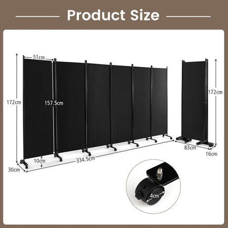 6 Panel 6Ft Tall Rolling Room Divider on Wheels-Black