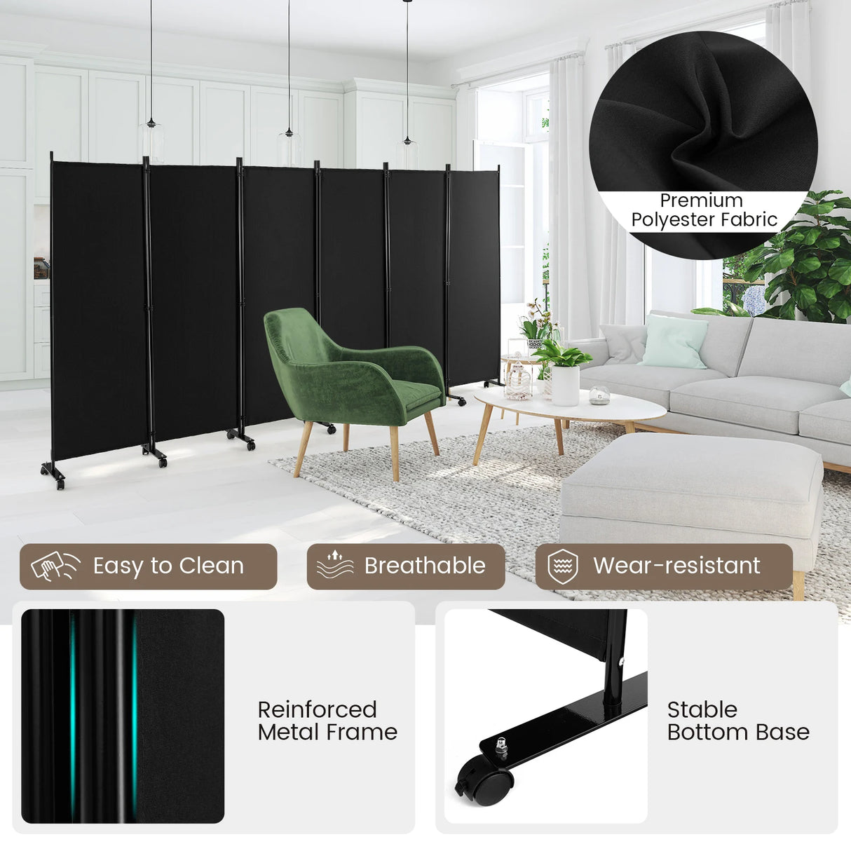 6 Panel 6Ft Tall Rolling Room Divider on Wheels-Black
