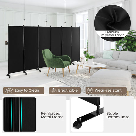 6 Panel 6Ft Tall Rolling Room Divider on Wheels-Black