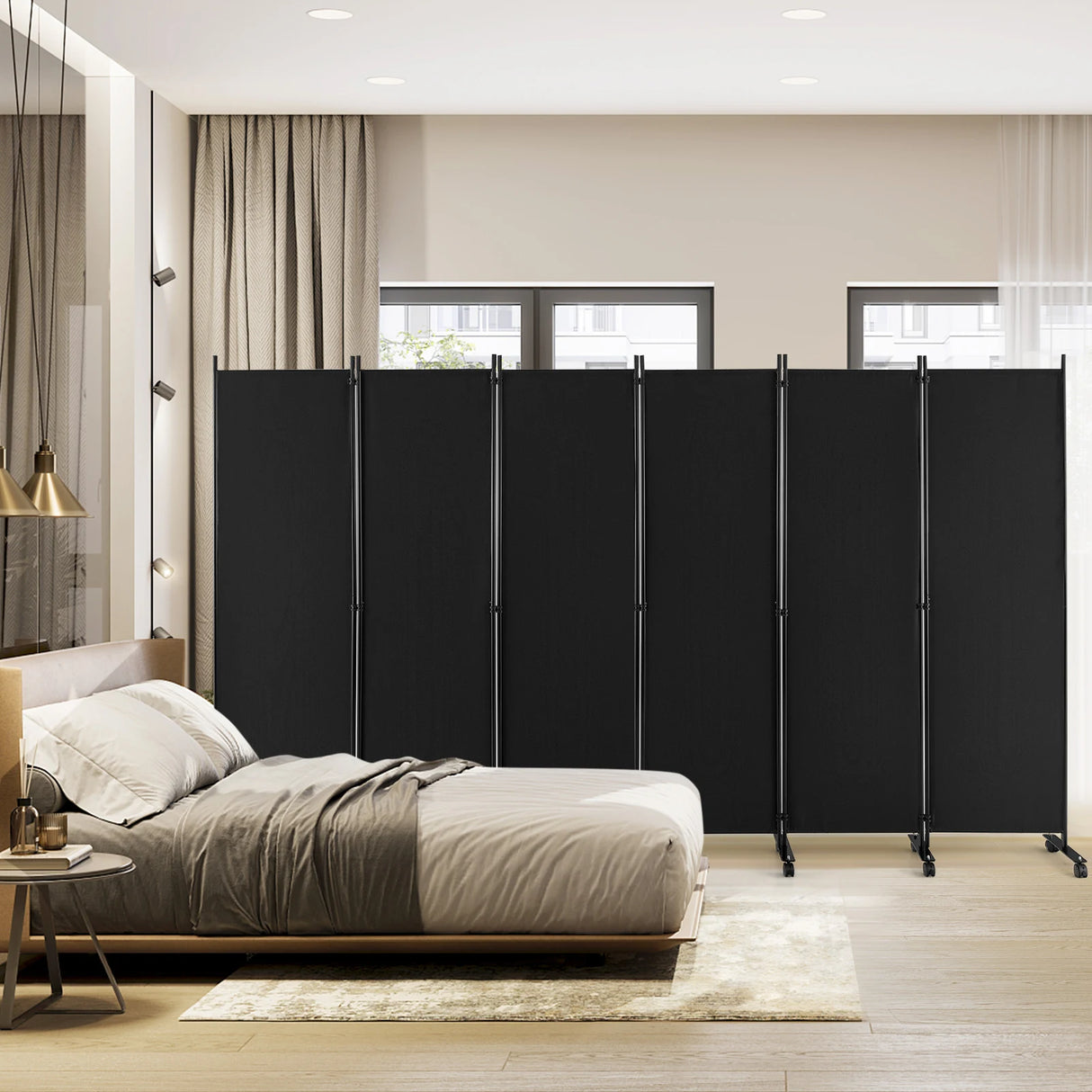 6 Panel 6Ft Tall Rolling Room Divider on Wheels-Black