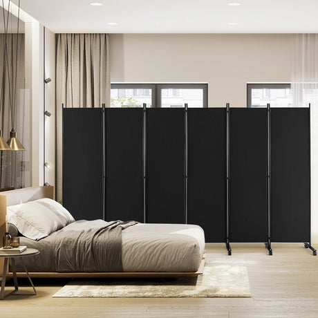 6 Panel 6Ft Tall Rolling Room Divider on Wheels-Black
