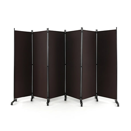 6 Panel 6Ft Tall Rolling Room Divider on Wheels-Brown