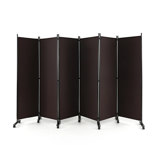 6 Panel 6Ft Tall Rolling Room Divider on Wheels-Brown