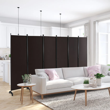 6 Panel 6Ft Tall Rolling Room Divider on Wheels-Brown