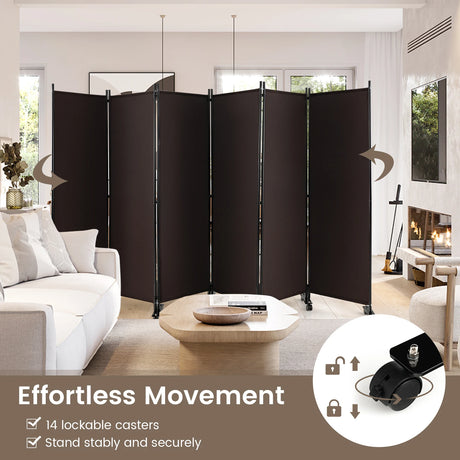 6 Panel 6Ft Tall Rolling Room Divider on Wheels-Brown