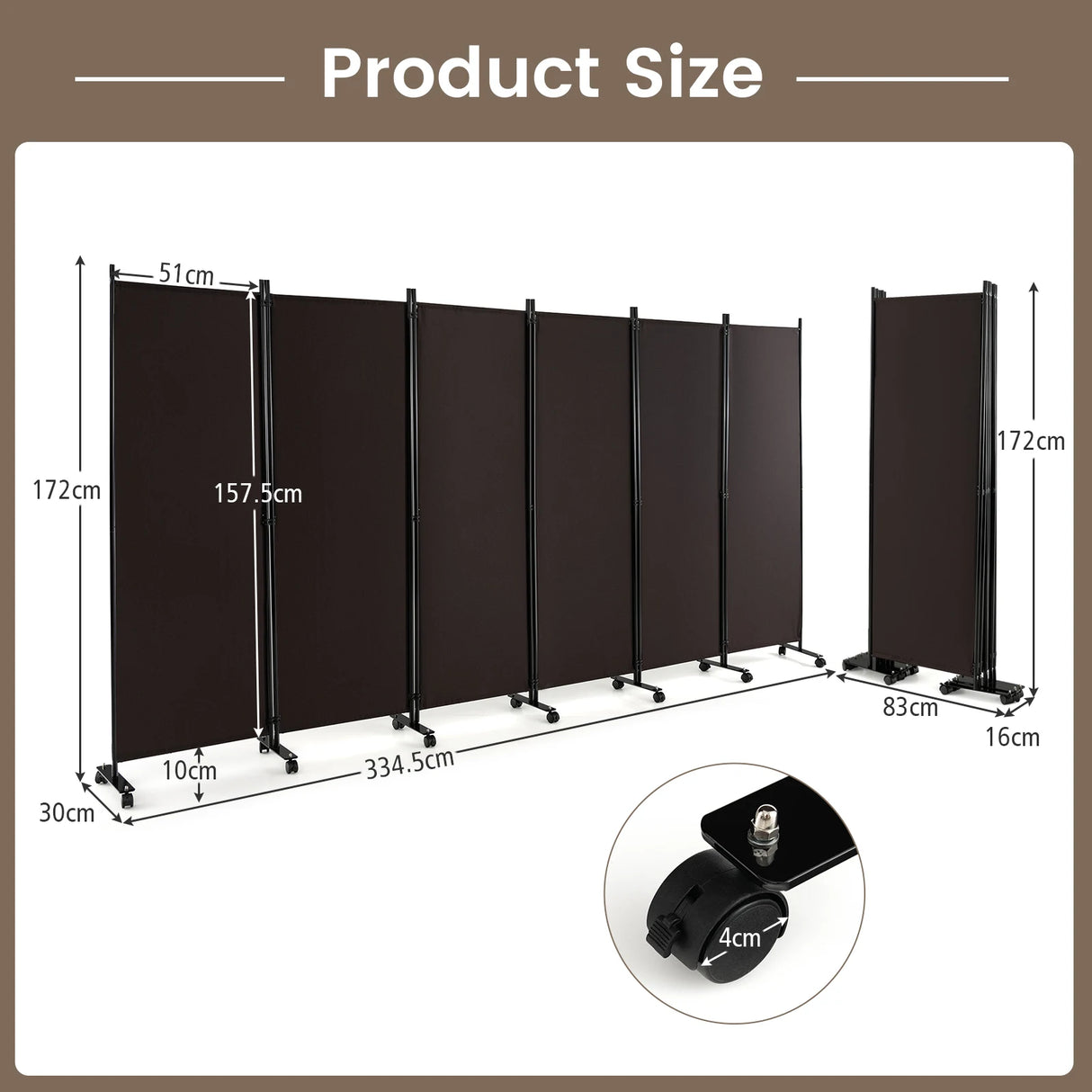 6 Panel 6Ft Tall Rolling Room Divider on Wheels-Brown