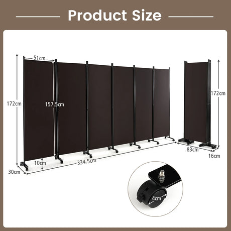 6 Panel 6Ft Tall Rolling Room Divider on Wheels-Brown