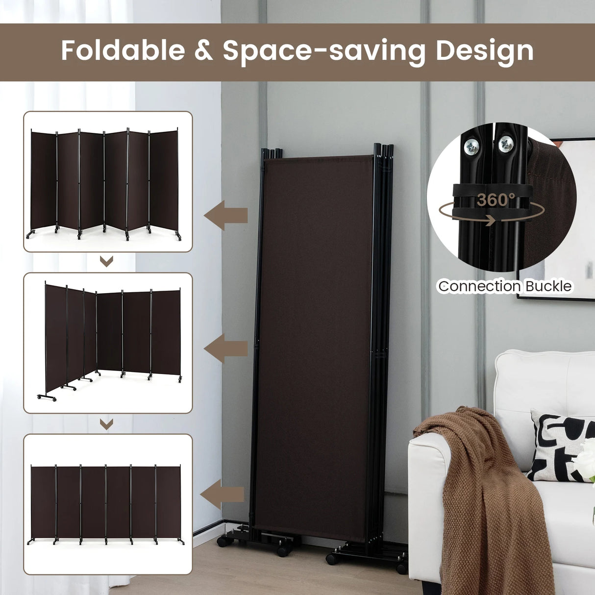 6 Panel 6Ft Tall Rolling Room Divider on Wheels-Brown