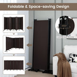 6 Panel 6Ft Tall Rolling Room Divider on Wheels-Brown