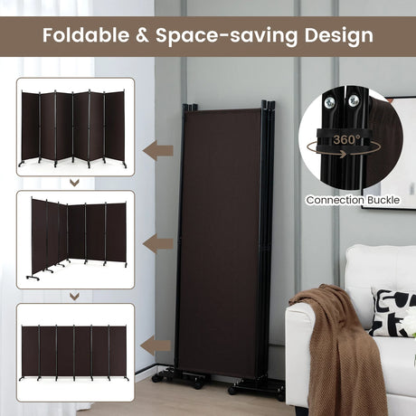 6 Panel 6Ft Tall Rolling Room Divider on Wheels-Brown