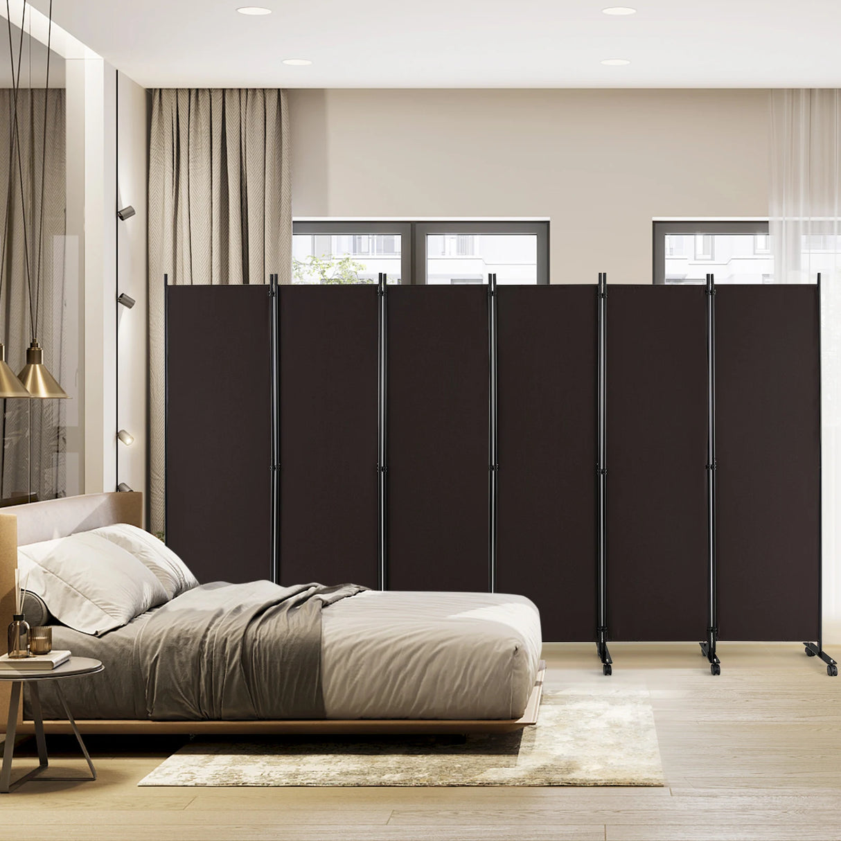 6 Panel 6Ft Tall Rolling Room Divider on Wheels-Brown