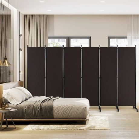 6 Panel 6Ft Tall Rolling Room Divider on Wheels-Brown