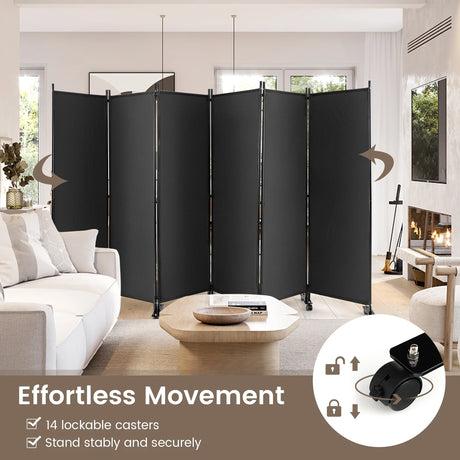 6 Panel 6Ft Tall Rolling Room Divider on Wheels-Gray