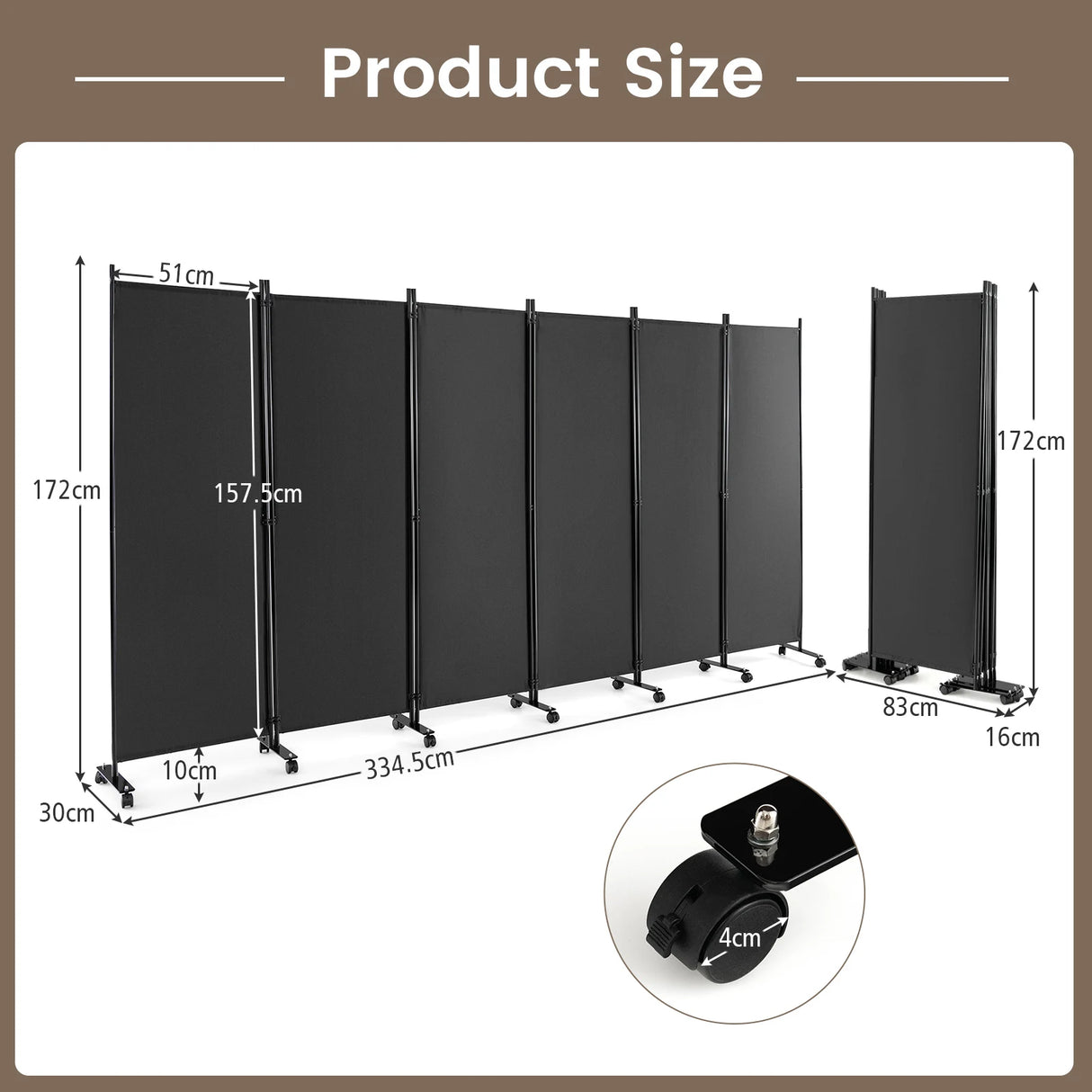 6 Panel 6Ft Tall Rolling Room Divider on Wheels-Gray