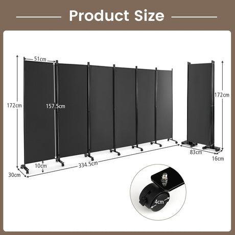 6 Panel 6Ft Tall Rolling Room Divider on Wheels-Gray