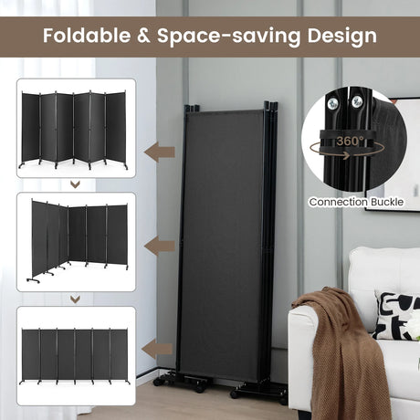 6 Panel 6Ft Tall Rolling Room Divider on Wheels-Gray