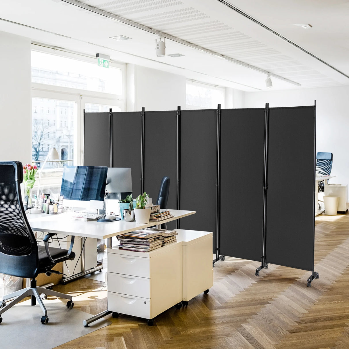 6 Panel 6Ft Tall Rolling Room Divider on Wheels-Gray