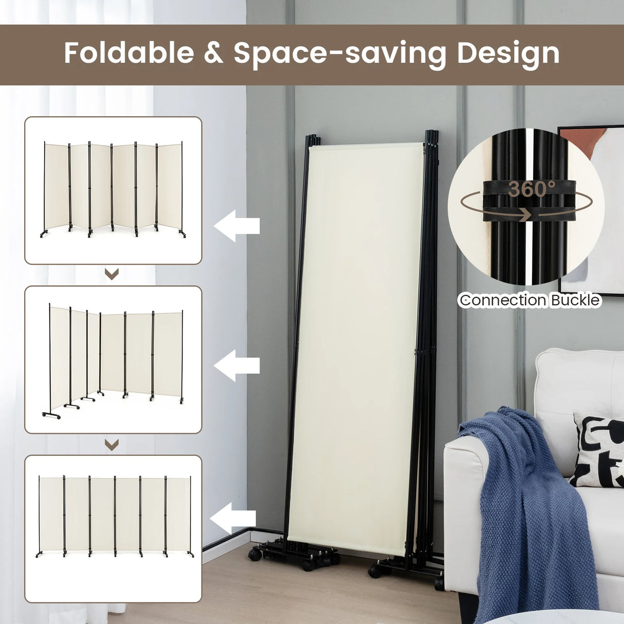 6 Panel 6Ft Tall Rolling Room Divider on Wheels-White