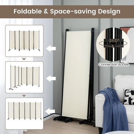 6 Panel 6Ft Tall Rolling Room Divider on Wheels-White