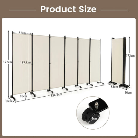 6 Panel 6Ft Tall Rolling Room Divider on Wheels-White