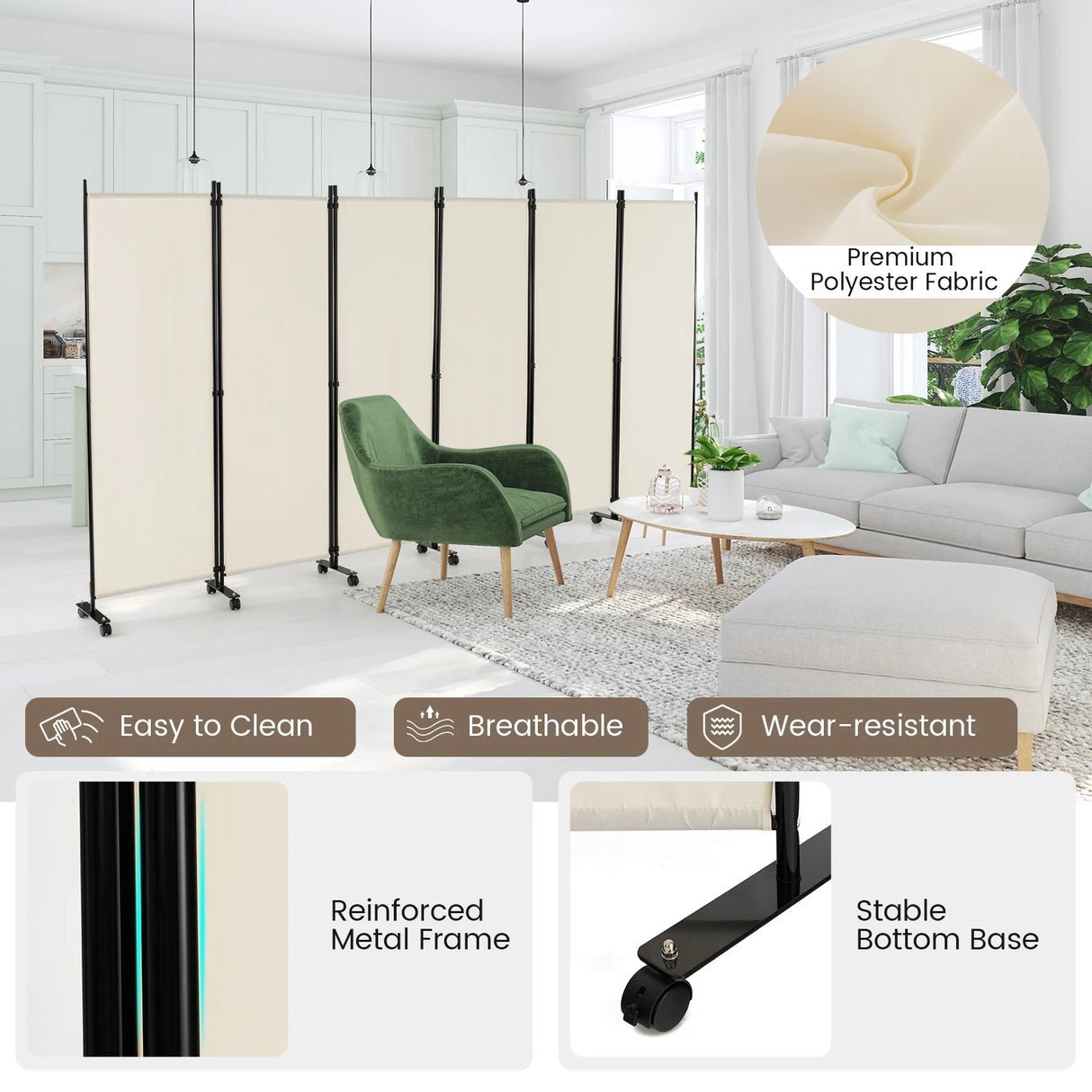 6 Panel 6Ft Tall Rolling Room Divider on Wheels-White