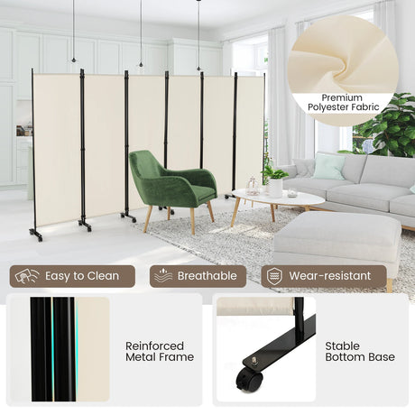 6 Panel 6Ft Tall Rolling Room Divider on Wheels-White