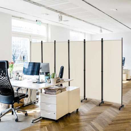 6 Panel 6Ft Tall Rolling Room Divider on Wheels-White