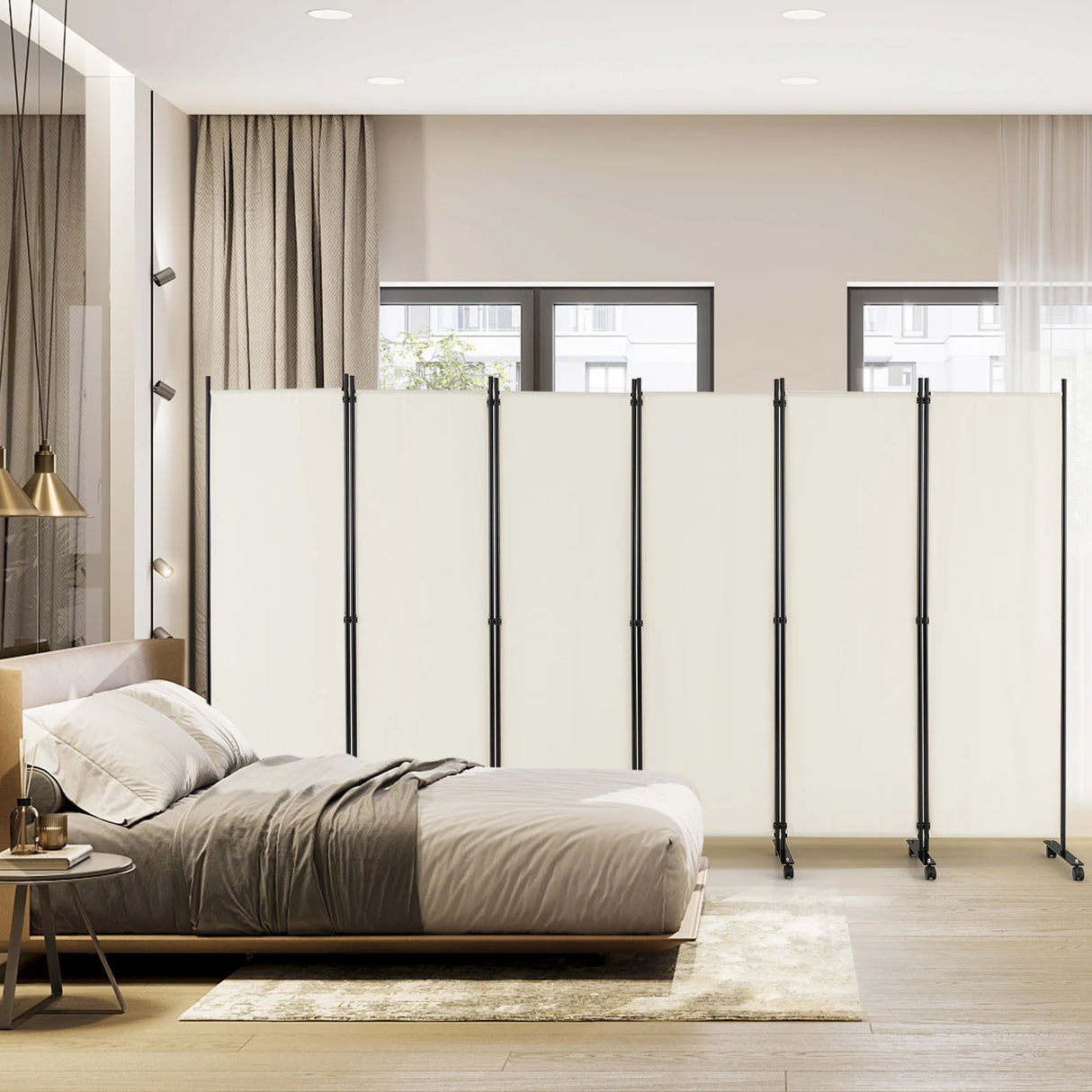 6 Panel 6Ft Tall Rolling Room Divider on Wheels-White