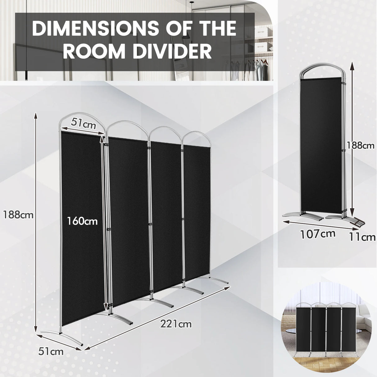 6.2Ft Folding 4-Panel Room Divider for Home Office Living Room-Black