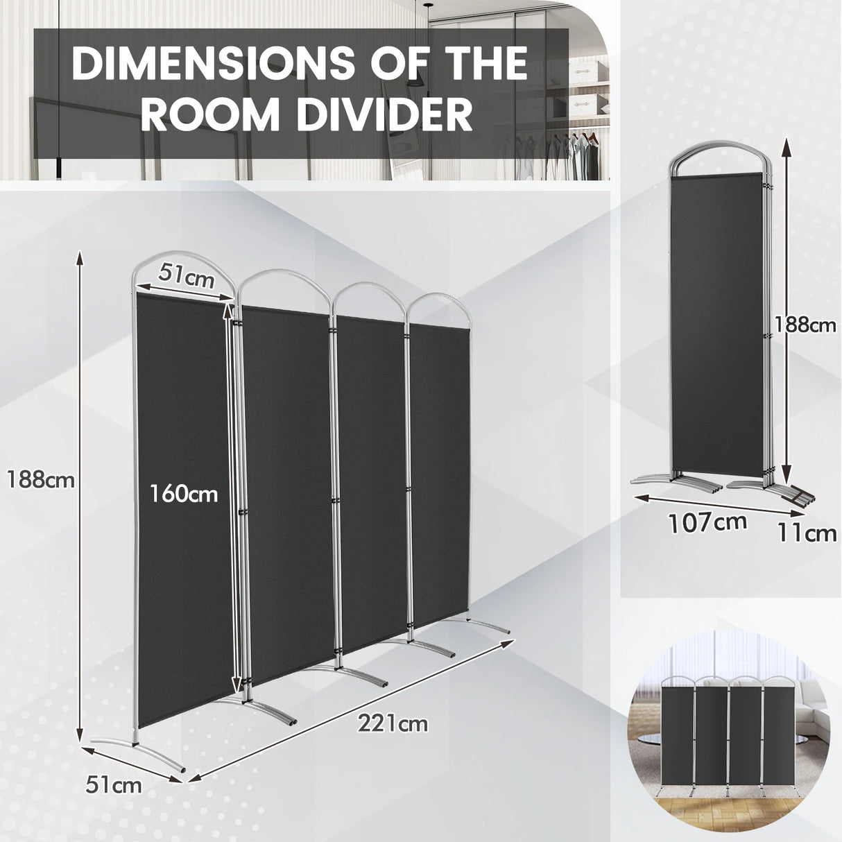 6.2Ft Folding 4-Panel Room Divider for Home Office Living Room -Gray