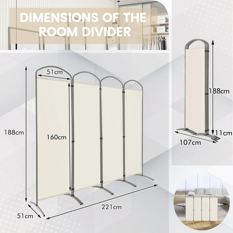 6.2Ft Folding 4-Panel Room Divider for Home Office Living Room -White
