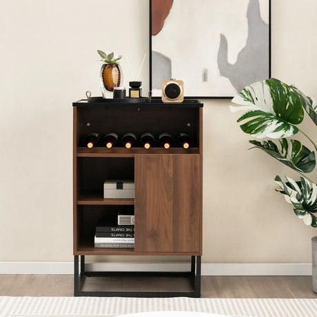 Wine Storage Cabinet Buffet Sideboard with Adjustable Shelf and Sliding Door-Brown