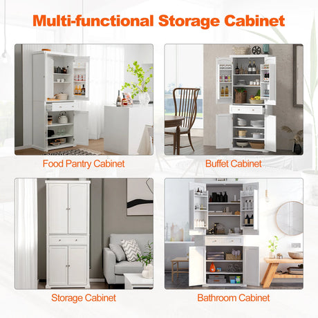 72 Inch Freestanding Kitchen Pantry Cabinet 4 Doors Storage Cupboard Shelves Drawer-White
