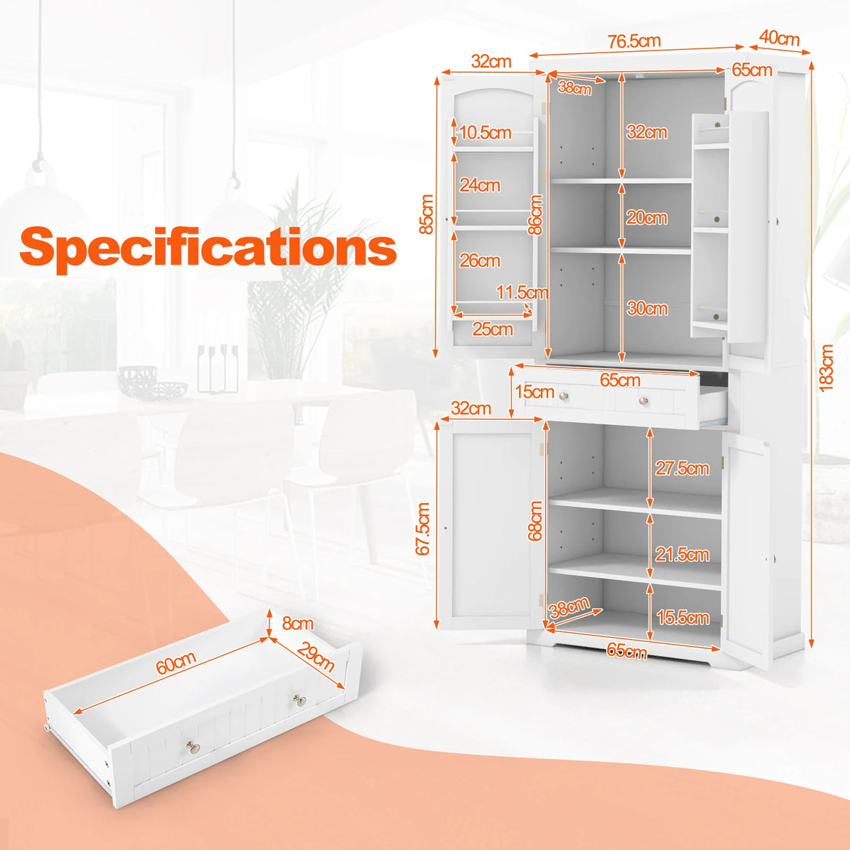72 Inch Freestanding Kitchen Pantry Cabinet 4 Doors Storage Cupboard Shelves Drawer-White