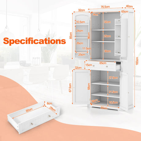 72 Inch Freestanding Kitchen Pantry Cabinet 4 Doors Storage Cupboard Shelves Drawer-White