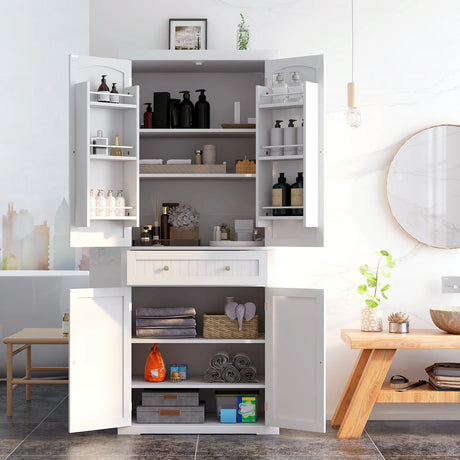 72 Inch Freestanding Kitchen Pantry Cabinet 4 Doors Storage Cupboard Shelves Drawer-White