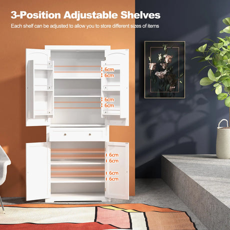 72 Inch Freestanding Kitchen Pantry Cabinet 4 Doors Storage Cupboard Shelves Drawer-White