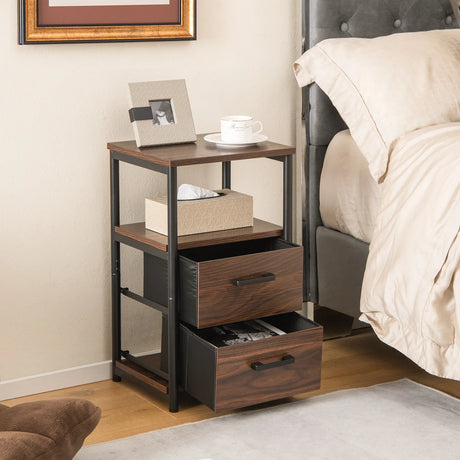 3-Tier Retro Nightstand with 2 Removable Fabric Drawers and Open Shelf-Walnut