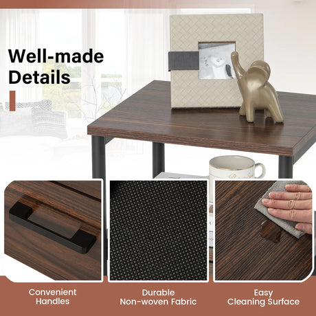3-Tier Retro Nightstand with 2 Removable Fabric Drawers and Open Shelf-Walnut