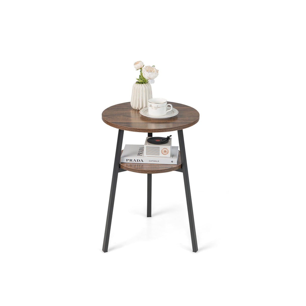 2-Tier Round End Table with Open Shelf and Triangular Metal Frame-Brown