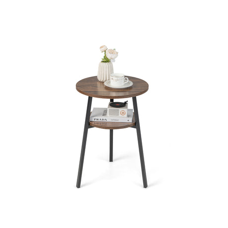 2-Tier Round End Table with Open Shelf and Triangular Metal Frame-Brown